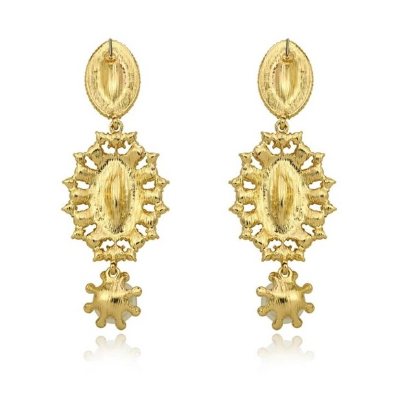 Luxurious Faux Pearl Zircon Large Statement Earrings 18k Gold Plated - Picture 4 of 8